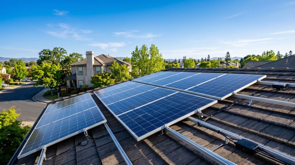 Newly installed solar panels on a tiled roof