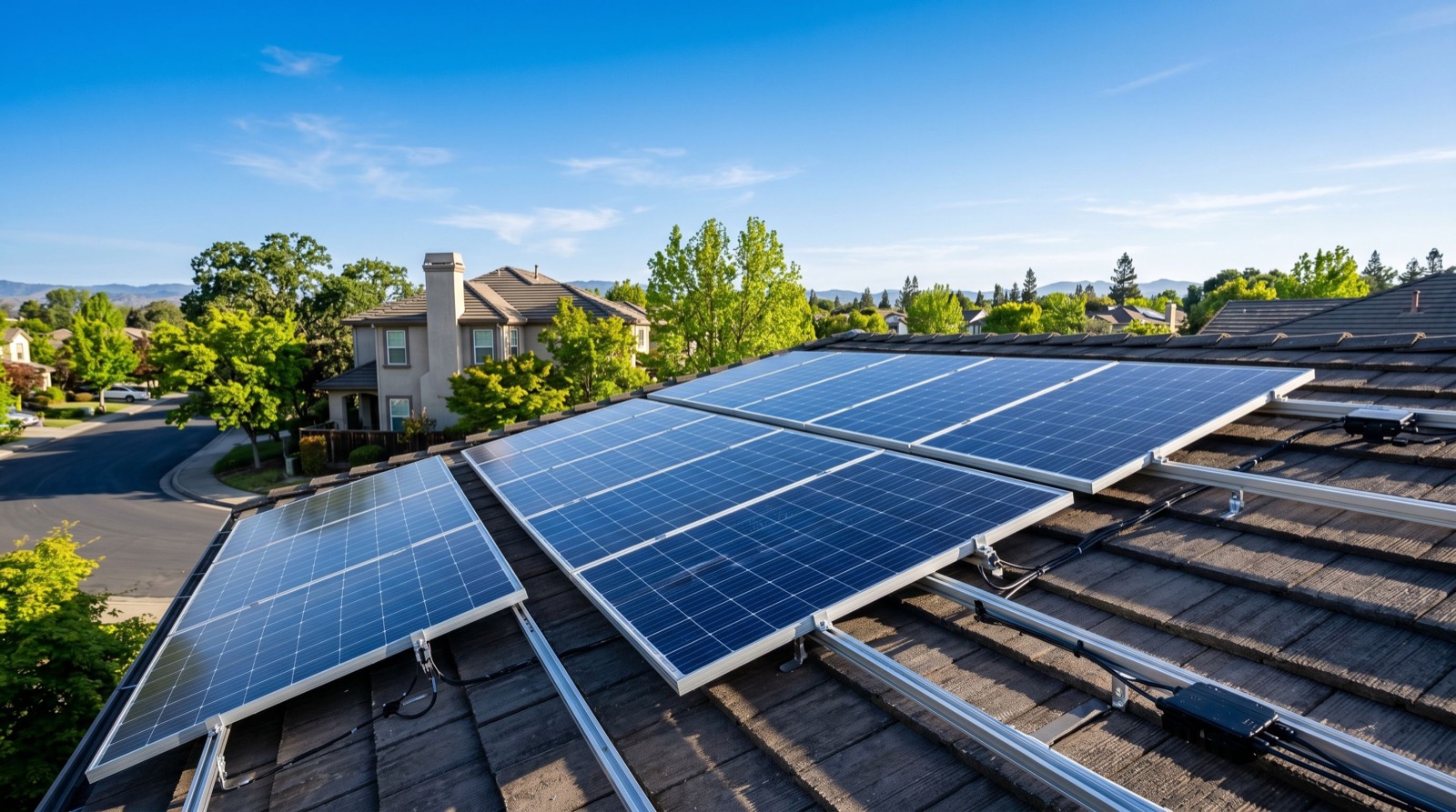 Newly installed solar panels on a tiled roof
